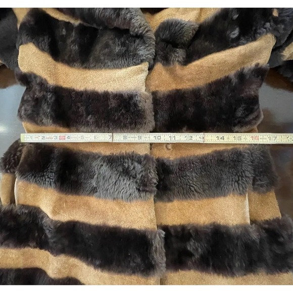 Vintage 70s Mouton Fur Long Coat Suede Stripe Shearling Retro Boho Glam XXS READ - Picture 15 of 16